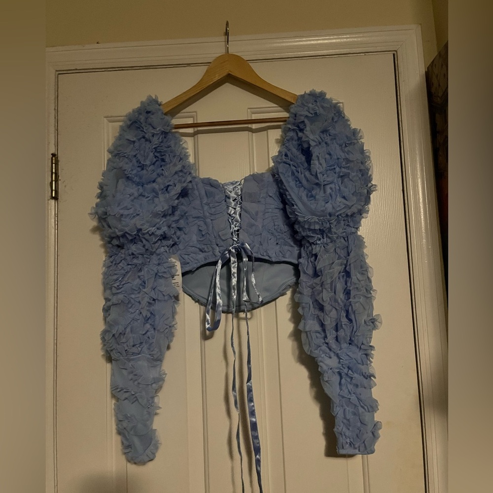 ASOS LUXE blue 3d lace puff sleeve lace back corset top - Picture 4 of 7